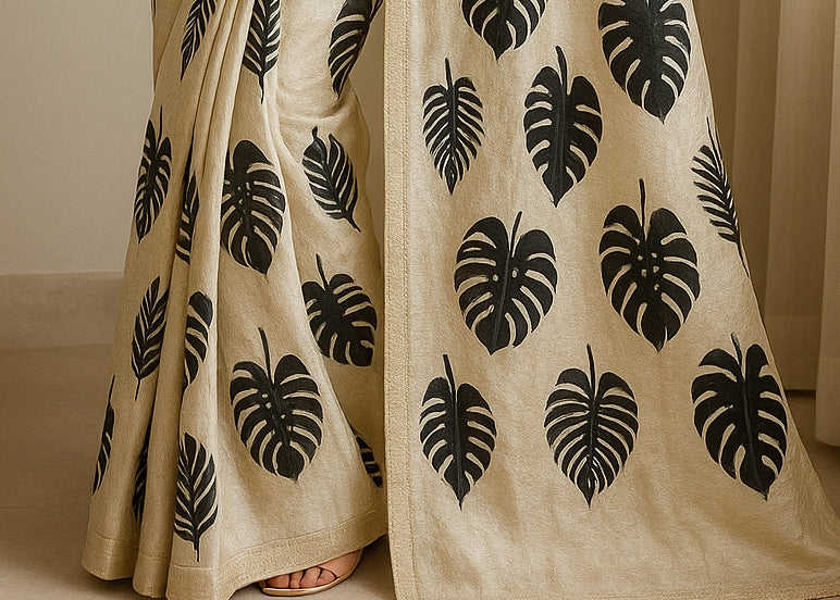 Floral Hand-Printed Pure Tussar Silk Saree FH44