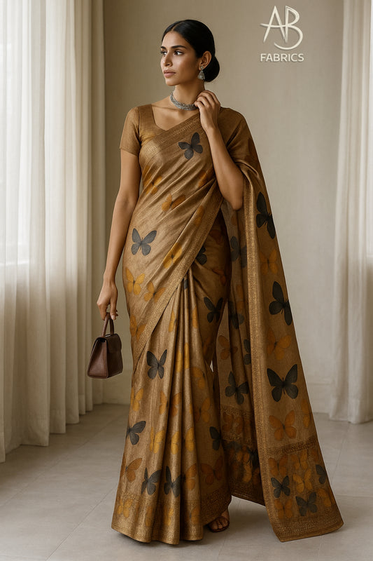 Floral Hand-Printed Pure Tussar Silk Saree FH45