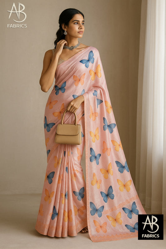 Floral Hand-Printed Pure Tussar Silk Saree FH46