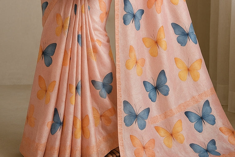 Floral Hand-Printed Pure Tussar Silk Saree FH46