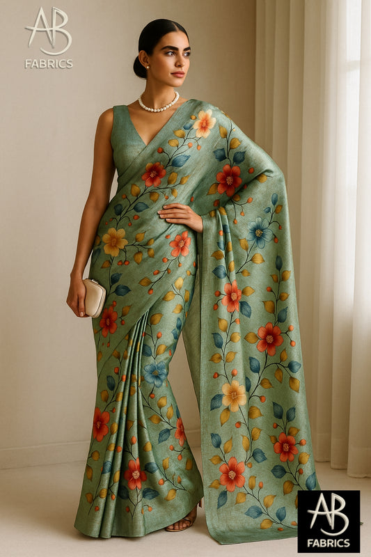 Floral Hand-Printed Pure Tussar Silk Saree FH47