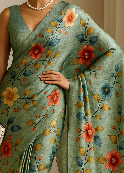Floral Hand-Printed Pure Tussar Silk Saree FH47