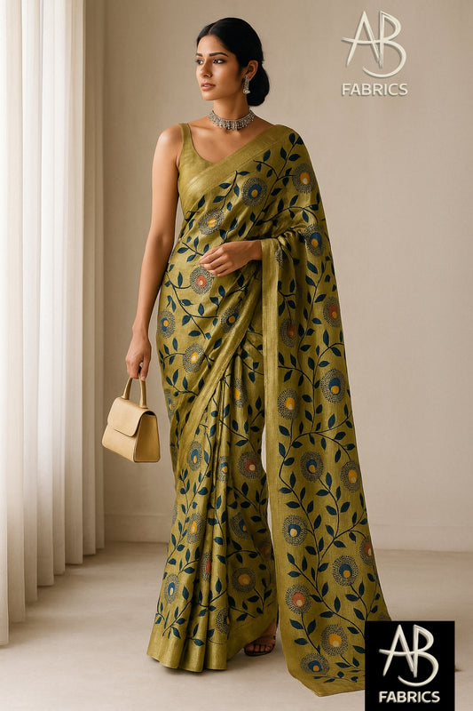 Floral Hand-Printed Pure Tussar Silk Saree FH48