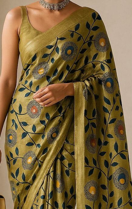 Floral Hand-Printed Pure Tussar Silk Saree FH48
