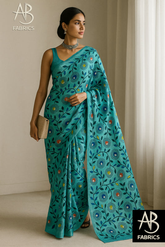 Floral Hand-Printed Pure Tussar Silk Saree FH49
