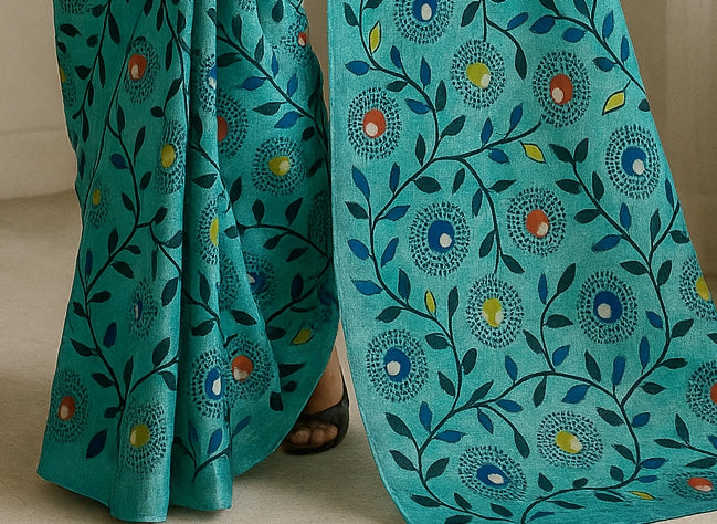Floral Hand-Printed Pure Tussar Silk Saree FH49