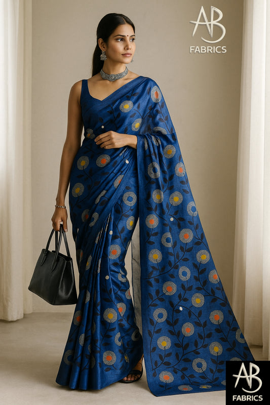 Floral Hand-Printed Pure Tussar Silk Saree FH51