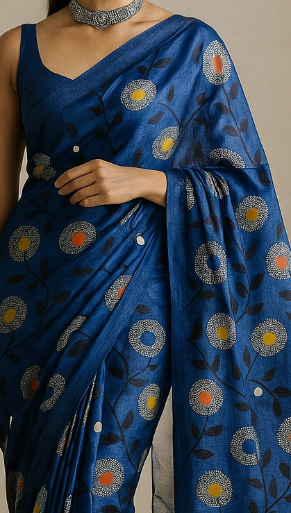 Floral Hand-Printed Pure Tussar Silk Saree FH51