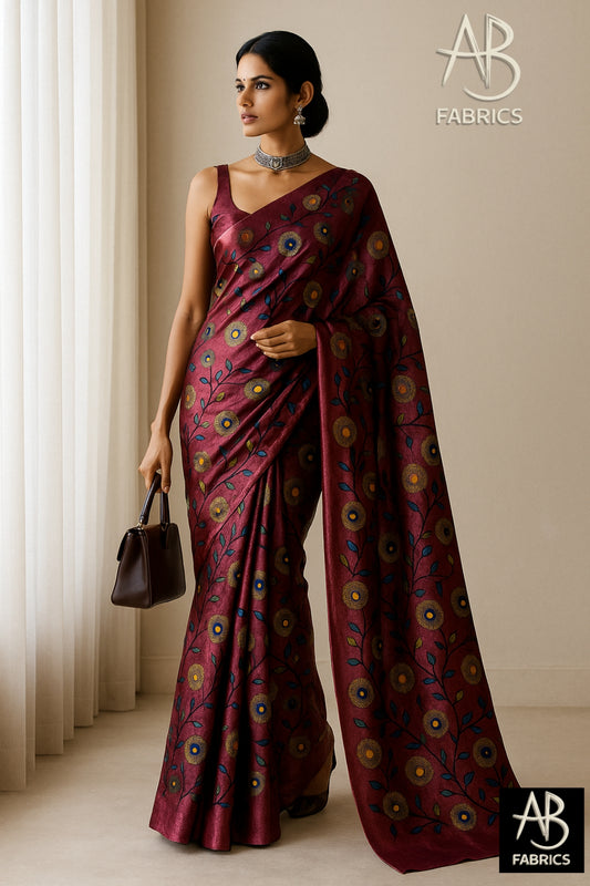 Floral Hand-Printed Pure Tussar Silk Saree FH52