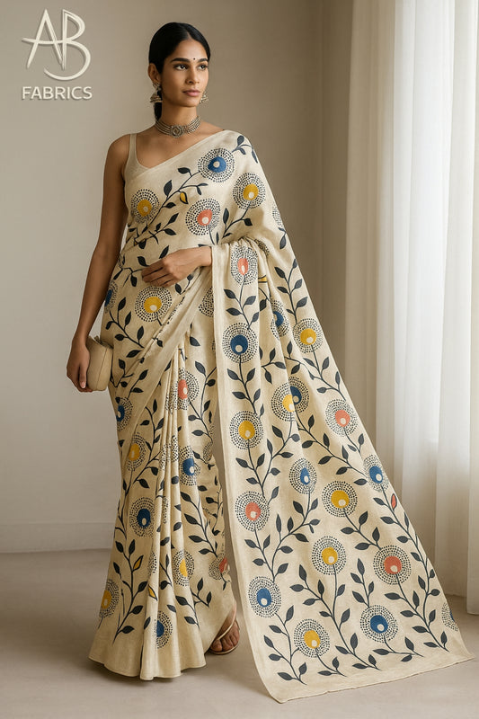 Floral Hand-Printed Pure Tussar Silk Saree FH50