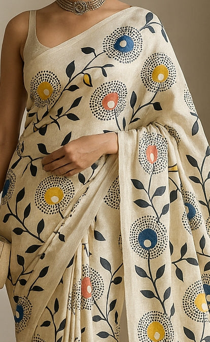 Floral Hand-Printed Pure Tussar Silk Saree FH50