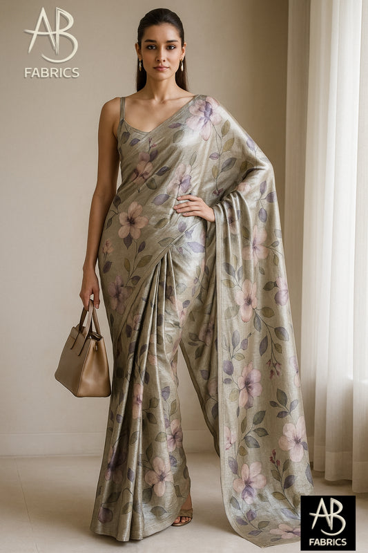 Floral Hand-Printed Pure Tussar Silk Saree FH53