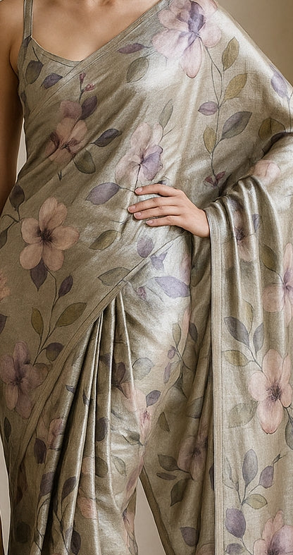 Floral Hand-Printed Pure Tussar Silk Saree FH53