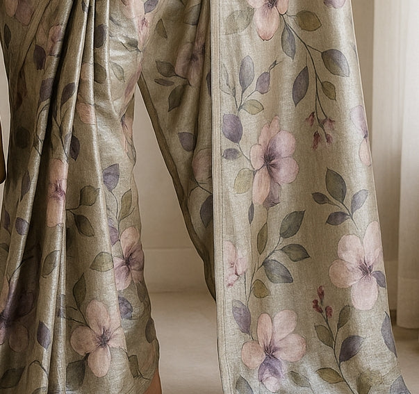 Floral Hand-Printed Pure Tussar Silk Saree FH53