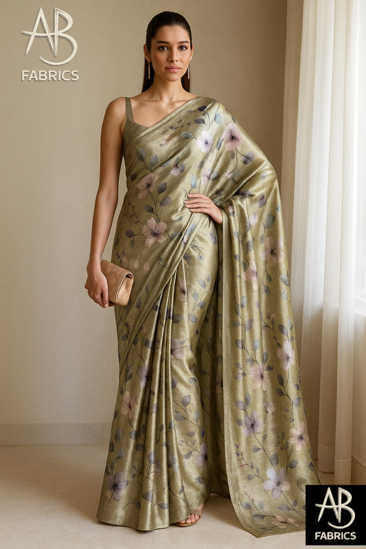 Floral Hand-Printed Pure Tussar Silk Saree FH54