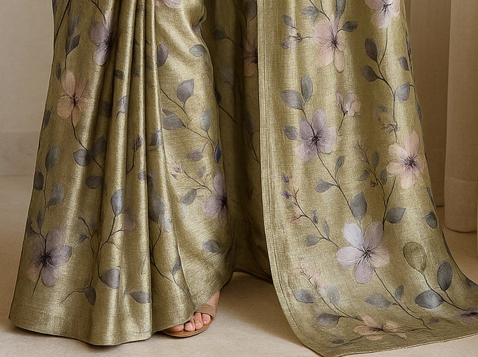 Floral Hand-Printed Pure Tussar Silk Saree FH54