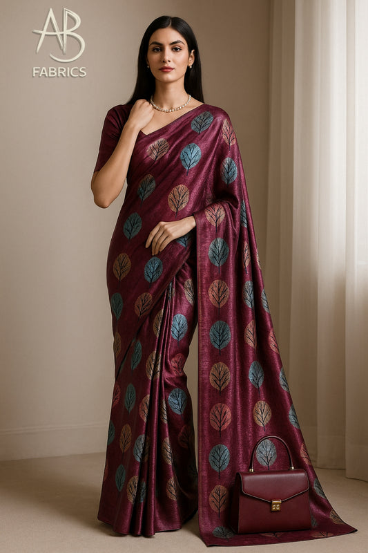 Floral Hand-Printed Pure Tussar Silk Saree FH55