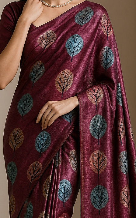 Floral Hand-Printed Pure Tussar Silk Saree FH55