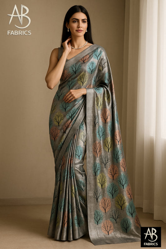 Floral Hand-Printed Pure Tussar Silk Saree FH56