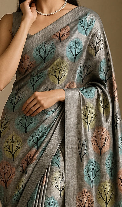 Floral Hand-Printed Pure Tussar Silk Saree FH56