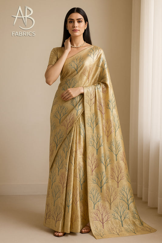 Floral Hand-Printed Pure Tussar Silk Saree FH57