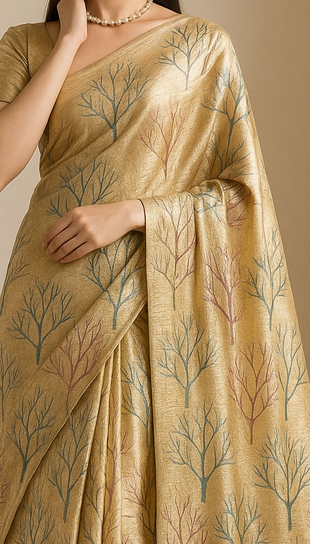 Floral Hand-Printed Pure Tussar Silk Saree FH57
