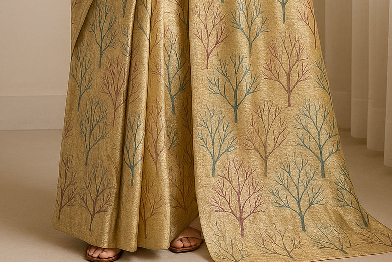 Floral Hand-Printed Pure Tussar Silk Saree FH57
