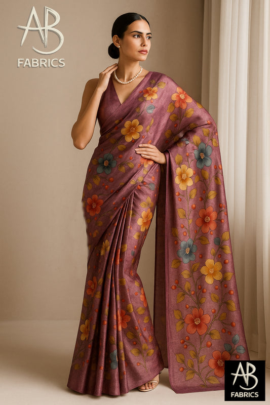 Floral Hand-Printed Pure Tussar Silk Saree FH58