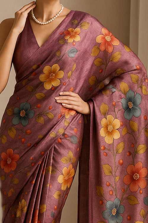 Floral Hand-Printed Pure Tussar Silk Saree FH58