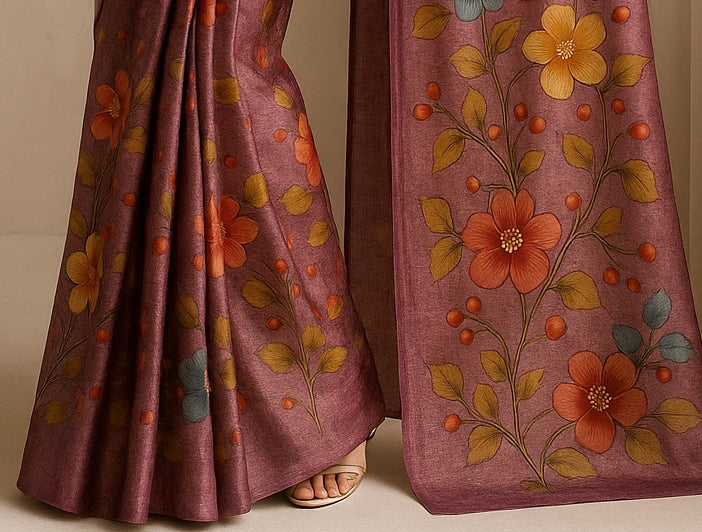 Floral Hand-Printed Pure Tussar Silk Saree FH58