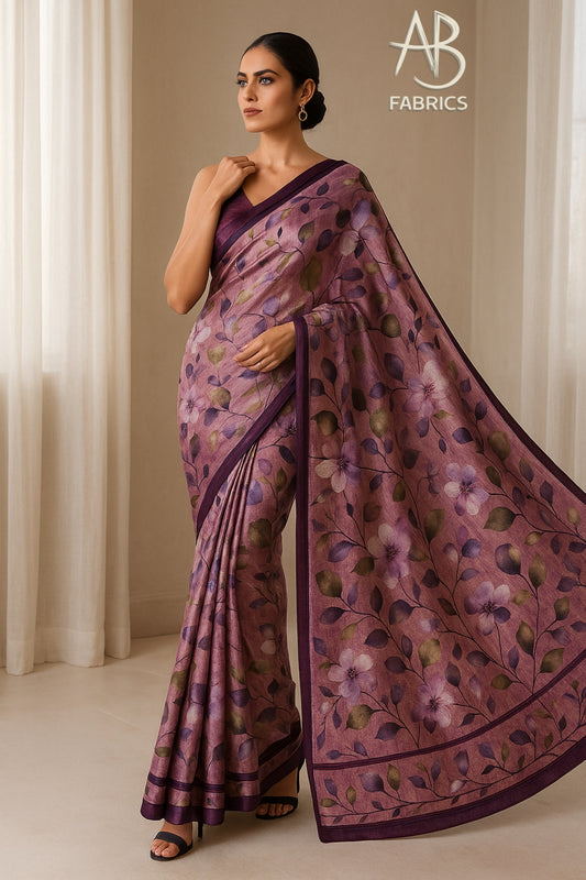 Floral Hand-Printed Pure Tussar Silk Saree FH59