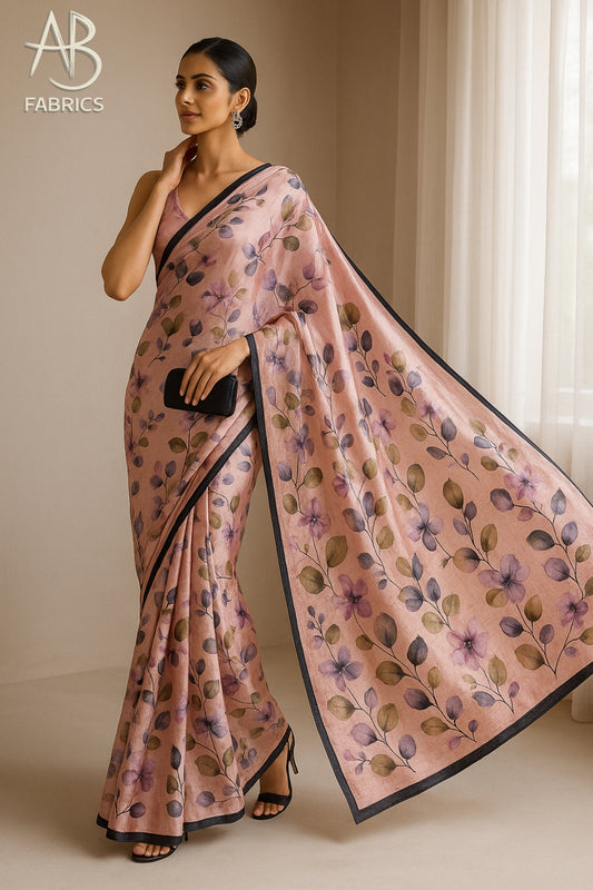 Floral Hand-Printed Pure Tussar Silk Saree FH61
