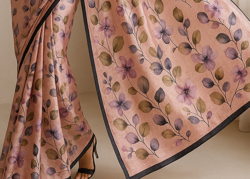 Floral Hand-Printed Pure Tussar Silk Saree FH61