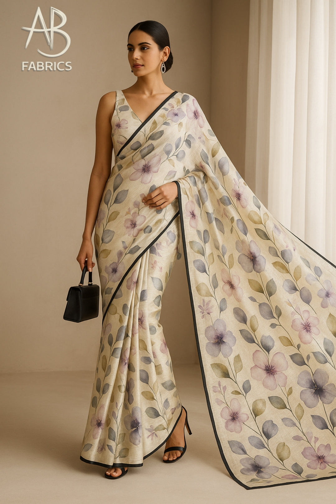 Floral Hand-Printed Pure Tussar Silk Saree FH62