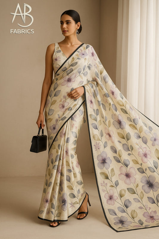 Floral Hand-Printed Pure Tussar Silk Saree FH62