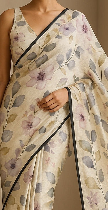 Floral Hand-Printed Pure Tussar Silk Saree FH62