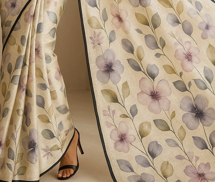 Floral Hand-Printed Pure Tussar Silk Saree FH62