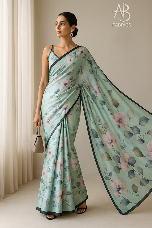 Floral Hand-Printed Pure Tussar Silk Saree FH63