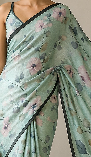 Floral Hand-Printed Pure Tussar Silk Saree FH63