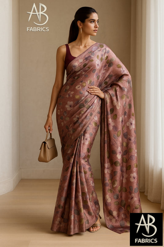 Floral Hand-Printed Pure Tussar Silk Saree FH64