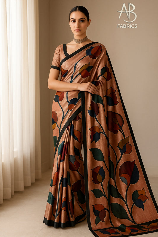 Floral Hand-Printed Pure Tussar Silk Saree FH65