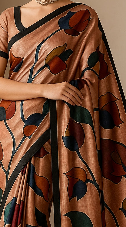 Floral Hand-Printed Pure Tussar Silk Saree FH65