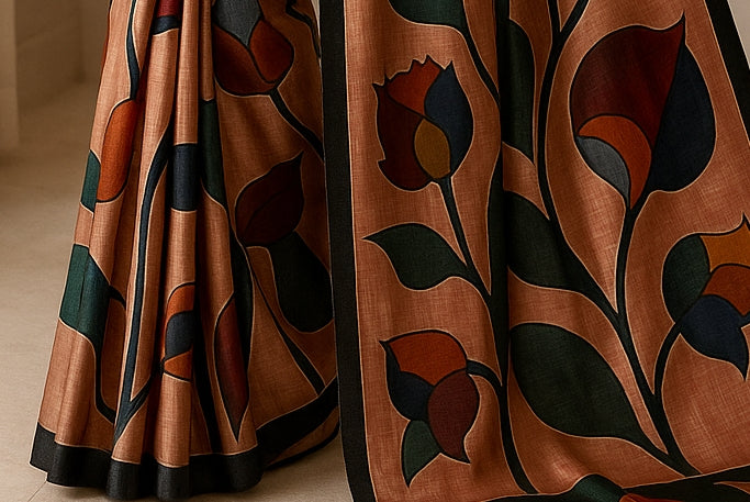 Floral Hand-Printed Pure Tussar Silk Saree FH65
