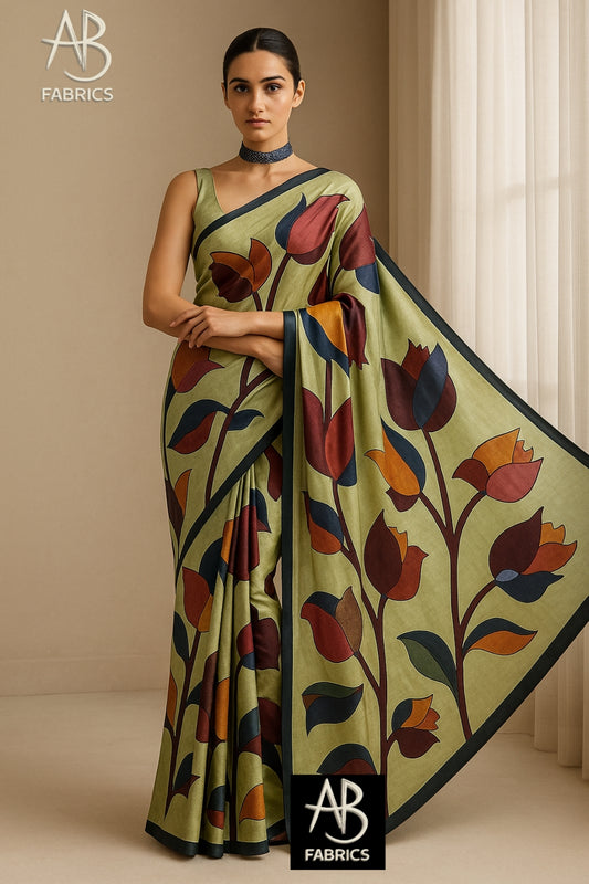 Floral Hand-Printed Pure Tussar Silk Saree FH66