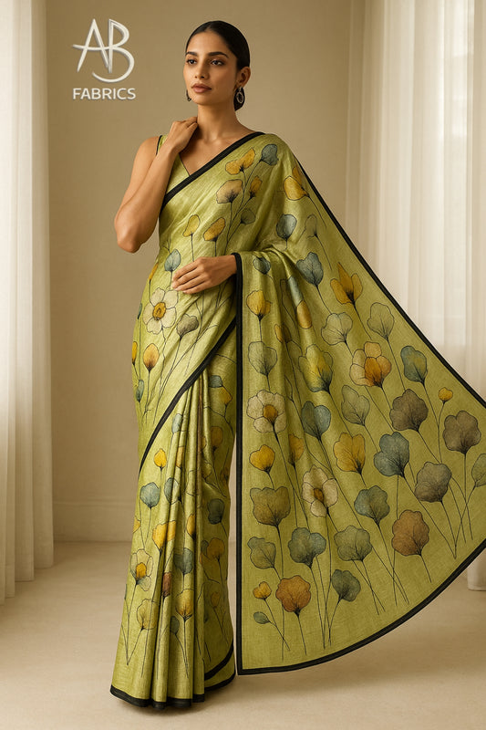 Floral Hand-Printed Pure Tussar Silk Saree FH67