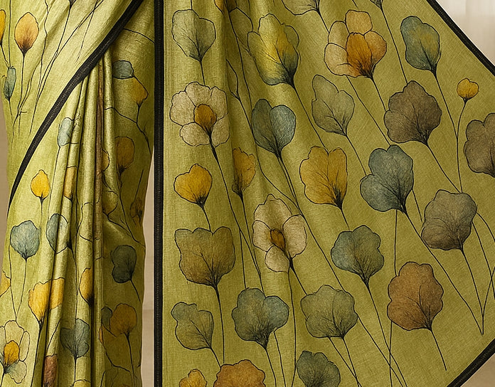 Floral Hand-Printed Pure Tussar Silk Saree FH67