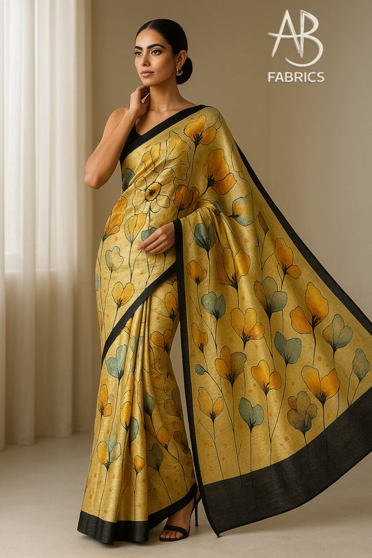 Floral Hand-Printed Pure Tussar Silk Saree FH69