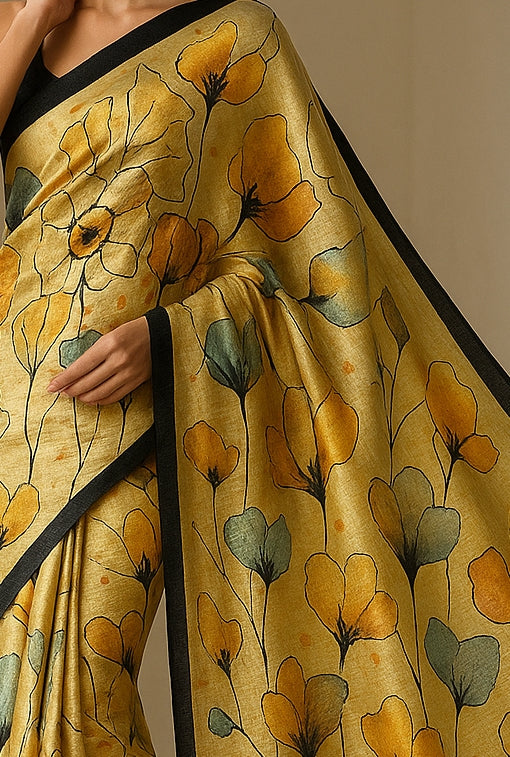 Floral Hand-Printed Pure Tussar Silk Saree FH69
