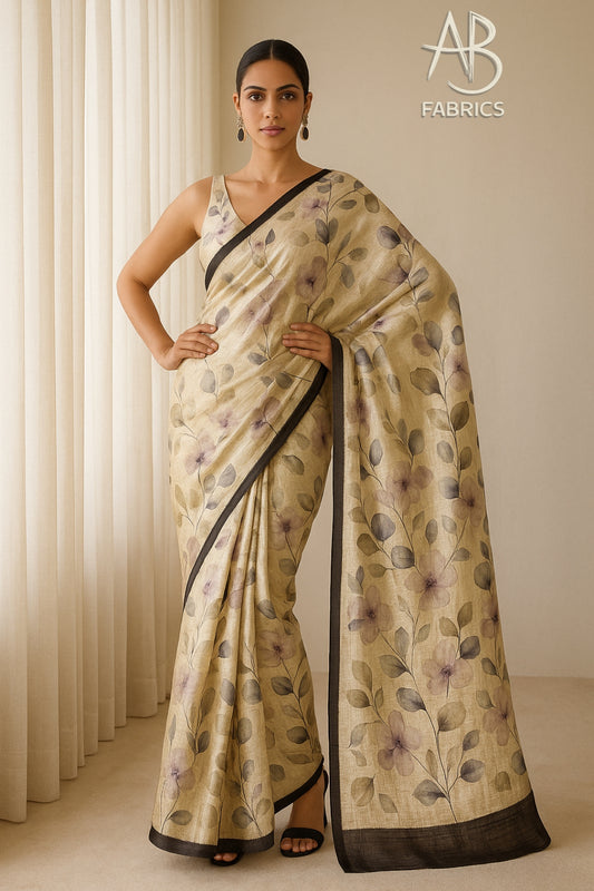Floral Hand-Printed Pure Tussar Silk Saree FH70