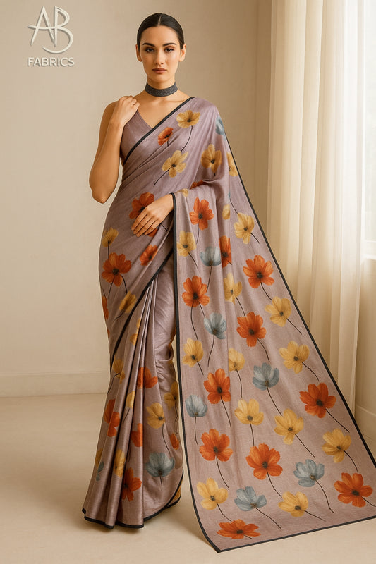 Floral Hand-Printed Pure Tussar Silk Saree FH71